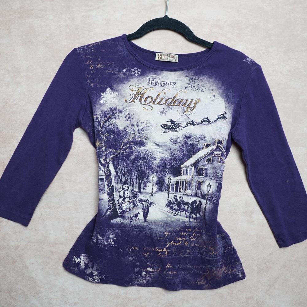 Blue Canyon Happy Holidays Graphic Tee Purple S Y2K